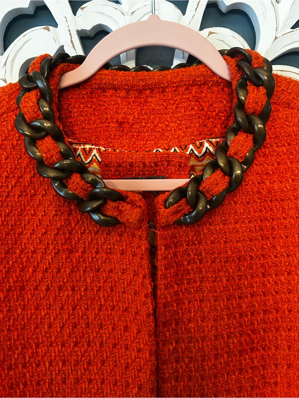 Anthropologie Orange  Tweed Cropped Jacket with Chain Trim - Picture 3 of 6